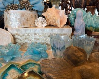Rustic Angels, a wax Virgin Mary, crushed onyx coaster sets. Mother of Pearl decor etc...