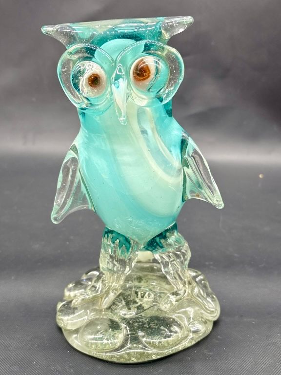 Signed Hand Blown Art Glass Turquoise & Clear Owl