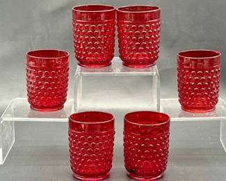 (6) Vintage Ruby Red Hobnail Glasses