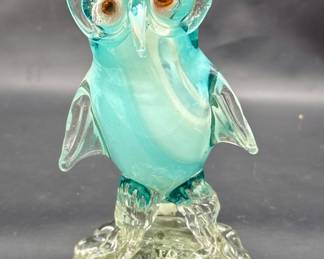 Signed Hand Blown Art Glass Turquoise & Clear Owl