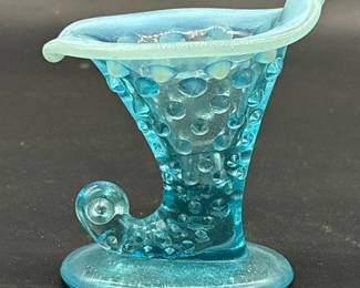 Vtg. Fenton Blue Opalescent Cornucopia Vase