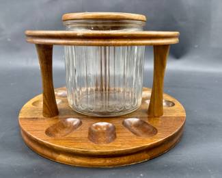 Vintage Wooden Pipe Stand w/ Glass Tobacco Jar