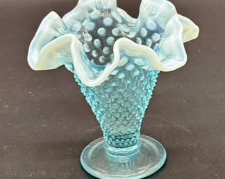 Vtg. Fenton Blue Opalescent Hobnail Ruffled Vase