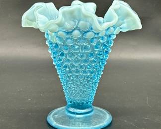 Vtg. Fenton Blue Opalescent Hobnail Trumpet Vase