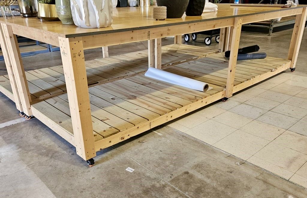 XL Rolling Wooden Work Table w/ Shelf, 1/2