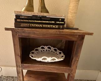 Wood End Table, Brass Duck Bookends
