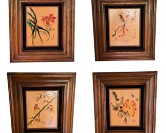 48 SetofFourAsianStyleWoodPaintingsBirdsFloralMotifs