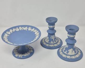 47 BlueWedgwoodCandlestickHoldersPedestalCompoteDish