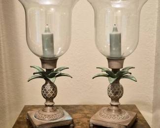 59 PairofHurricaneCandleholdersPineappleMotifMetalGlass