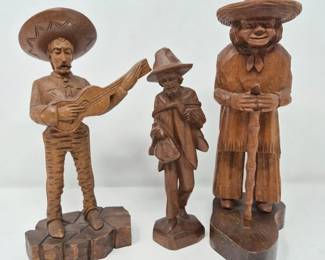 79 TwoJPinalSignedWoodCarvingsTravelerFigurineUnsigned