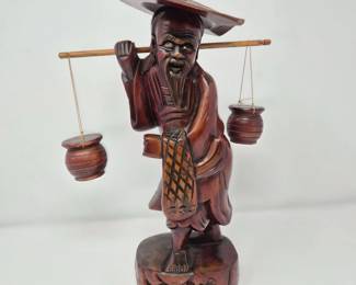 99 ChineseWaterCarrierFishermanCarvedWoodSculptureCherryFinish