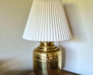 53 LargeBrassTableLampwithPleatedShadeWoodBaseFinial