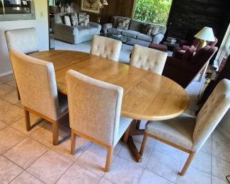 25 SolidWoodDiningRoomTableSixPlushFabricChairs