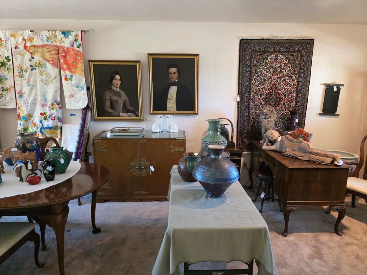 Vintage kimono, pair of oil portraits, a fine Persian rug, reclining carved wood figure, a raku pot by local artist, Mark Wong.