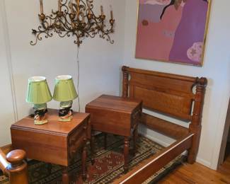 Pair of cherry wood drop leaf end tables, 1950's blackamoor lamps, original oil painting by Jacqueline Rochester (Colorado Springs & Taos), lighted wall fixture