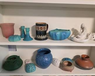 Assorted pottery including Van Briggle, Staffordshire and Rookwood.