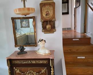 Marble bust, marble top and ormolu chest, Art Deco light fixture, Art Nouveau clock