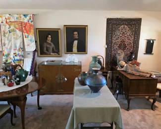 Vintage kimono, pair of oil portraits, a fine Persian rug, reclining carved wood figure, a raku pot by local artist, Mark Wong.
