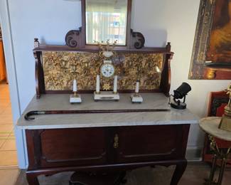 European marble-top wash stand with mirror; antique garniture set