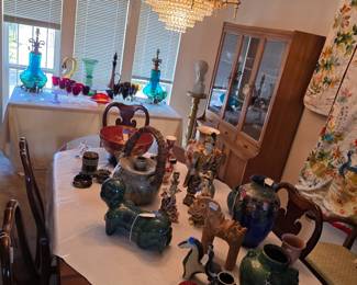 Dining table view;  vintage chandelier