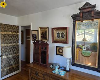 Upstairs bedroom view- Antique Pier mirror; 13 yards fine Japanese brocade with gilt thread: antique corner cupboard