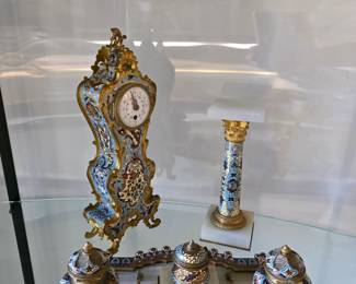 19th century French champleve desk set, pedestal and cabinet clock