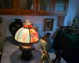 Miller mfg. bronze and slag glass converted oil lamp