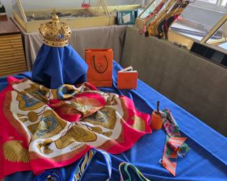 Vintage Saints crown. Hermes scarf (others not pictured),twilly scarf (more not pictured); two Leonard, Paris, silk belts