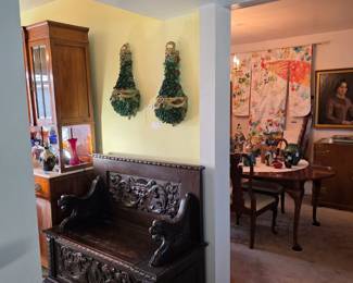 Northern European carved wood bench with lift seat for storage; pair of beautiful vintage Italian grape and brass sconces