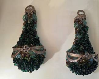 A pair of large vintage Italian glass grape and brass swag sconces.