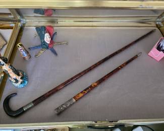 Antique cane gun, swagger stick, Stangle dog figurine