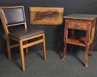 STAKMORE Padded Folding Wood Chair, Wood Side Table W/Dovetail Drawer & Carved Wood Wall Art