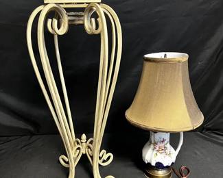 Elegant Vintage Metal Accent Table with Glass Top Plus Lamp
