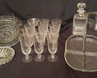 Clear Glass Lot-Etched Goblets, Decanter +