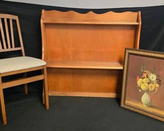 STAKMORE Padded Folding Wood Chair, Wooden Hutch Shelf & Framed Floral Print Trio
