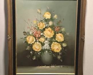 VTG Beautiful Original Signed Floral Canvas Oil Painting Mounted In Ornate Gold Frame 11/06/1983