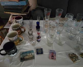 Coffee cups, Schlitz, Coors, Pepsi and Coke glasses