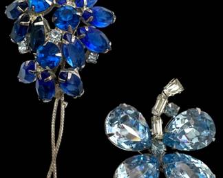 Two Blue Rhinestone Brooches 