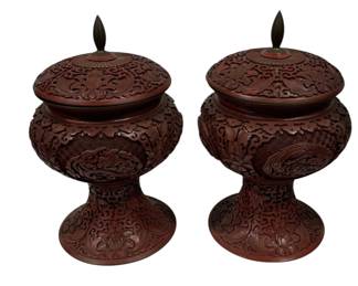 Carved Cinnabar Lacquer Pedestal Bowls 
