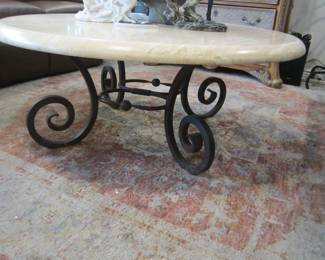 Round Coffee Table w/ Travertine Stone Top, Wrought Iron Base