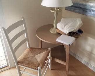 Ladderback chair; accent table; table lamp