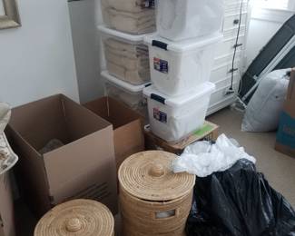 Hampers; bed linens and as large amount of NEW IN PACKAGING household supplies