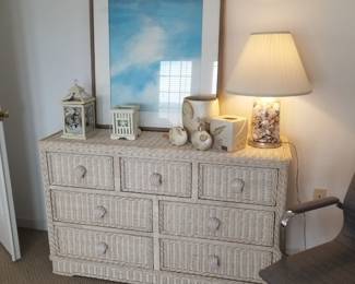 Wicker dresser; executive office chair - two available. Artwork; table lamp