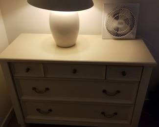 Pottery Barn dresser & changing table (changing table top not shown). Table lamp; fan