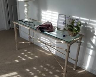 Glass top foyer table; table lamp