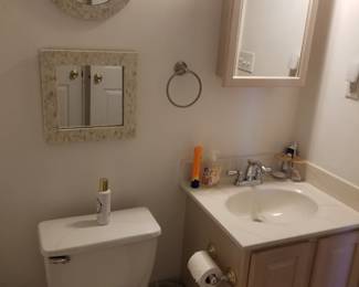 Bath vanity; mirrored medicine cabinet; mirrors