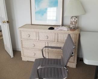 Wicker dresser; executive office chair - two available. Artwork; table lamp