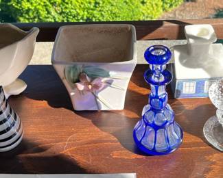 McCoy pottery, Finland  Iittala glass, cobalt to clear perfume, art glass cat