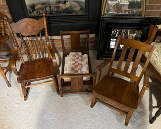 Antique oak children's rockers and doll bed