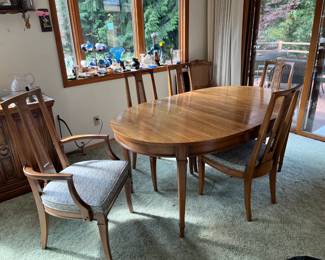 Drexel 1965 "Triune" dining table, 5 chairs, 3 leaves + pads